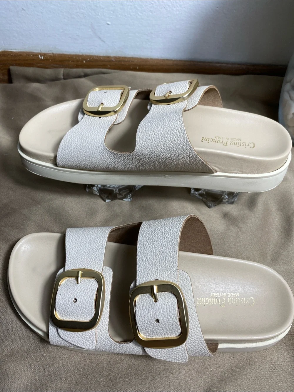 Cristina Francini White Leather Double Buckle Slide Sandals Size 7.5